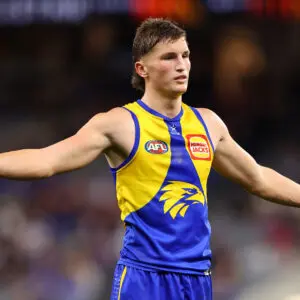 PERTH, AUSTRALIA - AUGUST 23: Jobe Shanahan of the Eagles looks on during the round 24 AFL match between West Coast Eagles and Sydney Swans at Optus Stadium on August 23, 2025 in Perth, Australia. (Photo by Paul Kane/Getty Images)