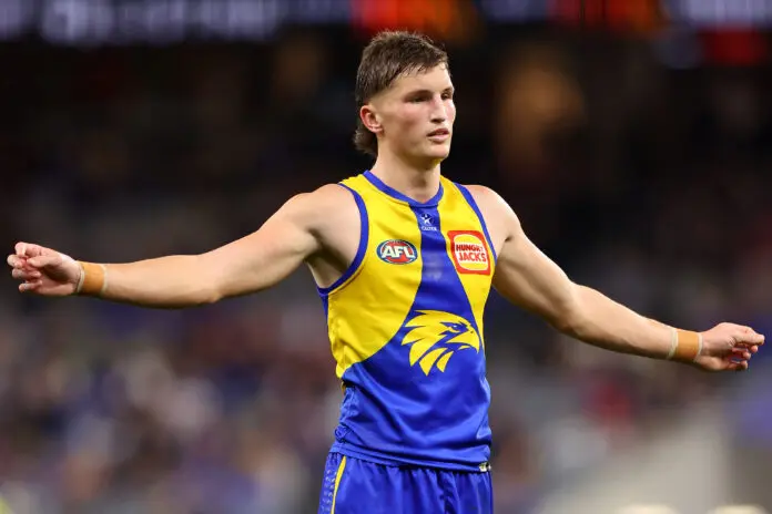 PERTH, AUSTRALIA - AUGUST 23: Jobe Shanahan of the Eagles looks on during the round 24 AFL match between West Coast Eagles and Sydney Swans at Optus Stadium on August 23, 2025 in Perth, Australia. (Photo by Paul Kane/Getty Images)