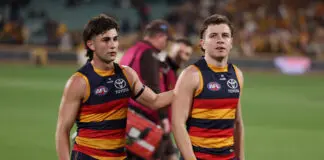 “Do I look frustrated?”: Nicks opens up after more Adelaide heartbreak ADELAIDE, AUSTRALIA - SEPTEMBER 12:
Josh Rachele and Zac Taylor of the Crows after their loss during the AFL First Semi Final match between the Adelaide Crows and the Hawthorn Hawks at Adelaide Oval on September 12, 2025 in Adelaide, Australia. (Photo by James Elsby/AFL Photos via Getty Images)