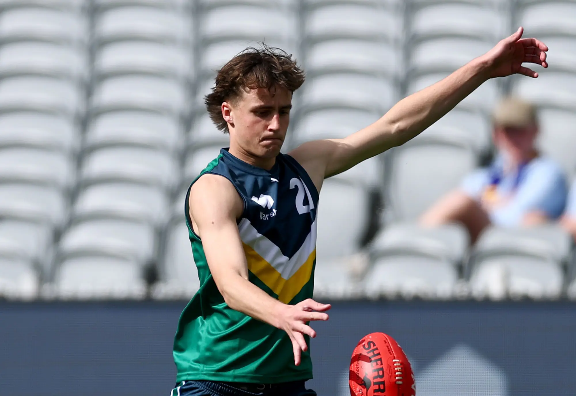 MELBOURNE, AUSTRALIA - SEPTEMBER 27: Jack Pickett of Team Docherty kicks during the Marsh AFL National Futures Boys match between Team Boak and Team Docherty at Melbourne Cricket Ground, on September 27, 2025 in Melbourne, Australia. (Photo by Josh Chadwick/AFL Photos/via Getty Images)