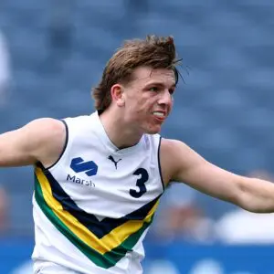 MELBOURNE, AUSTRALIA - SEPTEMBER 27: Arki Butler of Team Boak kicks during the Marsh AFL National Futures Boys match between Team Boak and Team Docherty at Melbourne Cricket Ground, on September 27, 2025 in Melbourne, Australia. (Photo by Josh Chadwick/AFL Photos/via Getty Images)