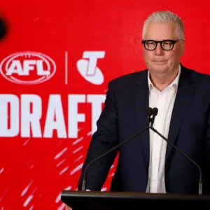 MELBOURNE, AUSTRALIA - NOVEMBER 20: Greg Swann, Executive General Manager Football Performance of the AFL reads out picks during the 2025 Telstra AFL Draft at Marvel Stadium on November 20, 2025 in Melbourne, Australia. (Photo by Michael Willson/AFL Photos via Getty Images)