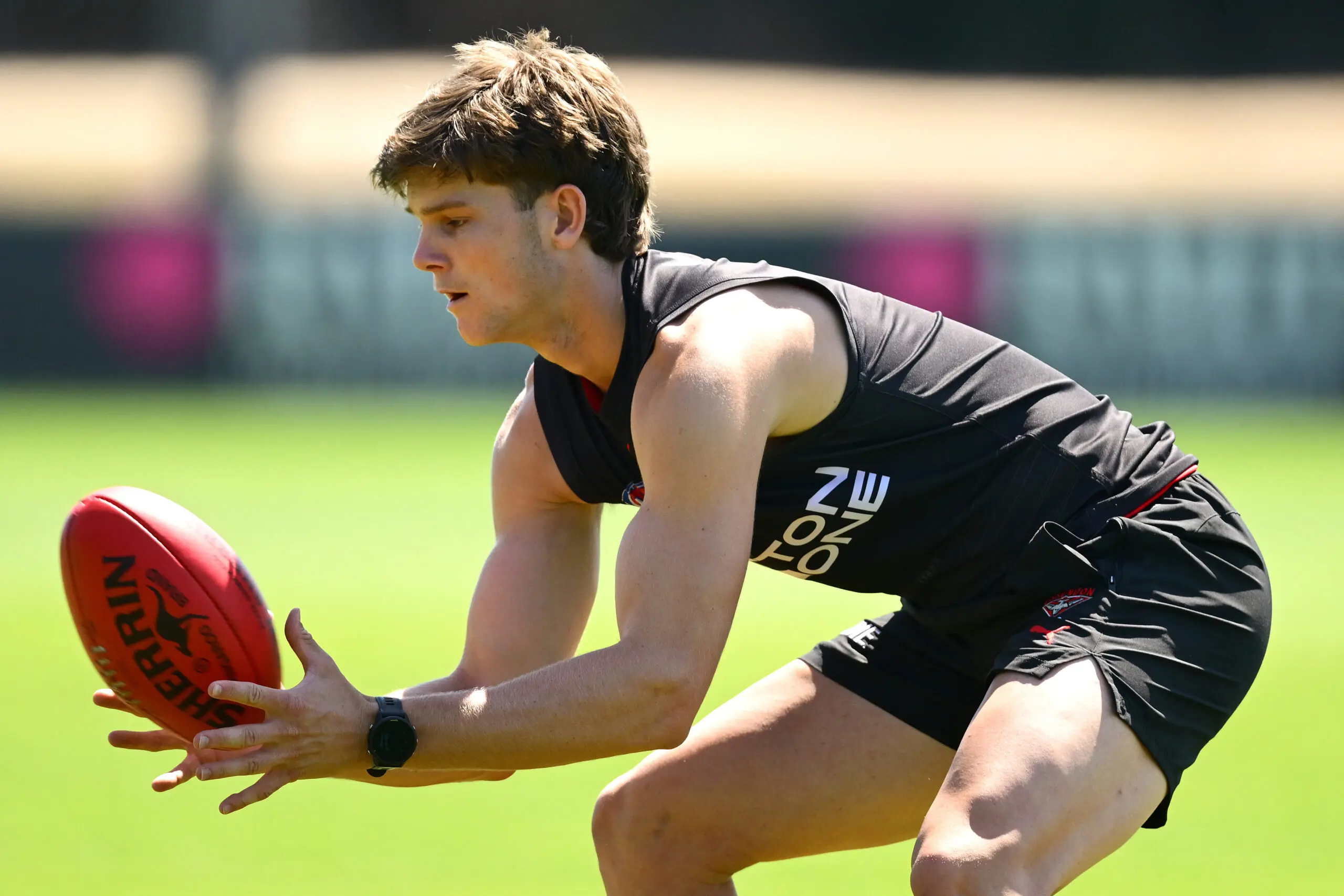 MELBOURNE, AUSTRALIA - FEBRUARY 16: Jacob Farrow of the Bombers maks during an Essendon Bombers AFL training session at The Hangar on February 16, 2026 in Melbourne, Australia. (Photo by Quinn Rooney/Getty Images)