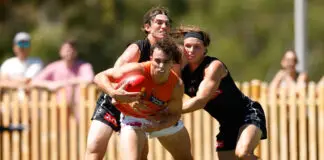 Giant “student of the game” set to make his AFL mark MELBOURNE, AUSTRALIA - FEBRUARY 20: Oliver Hannaford of the Giants is tackled by Harvey Harrison (left) and Wil Parker of the Magpies during the 2026 AFL match simulation between the Collingwood Magpies and the GWS Giants at La Trobe University Sports Park on February 20, 2026 in Melbourne, Australia. (Photo by Michael Willson/AFL Photos via Getty Images)