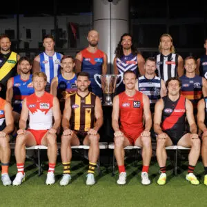 MELBOURNE, AUSTRALIA - FEBRUARY 23: AFL Club captains and representatives Toby Nankervis of the Tigers, Nick Larkey of the Kangaroos, Max Gawn of the Demons, Alex Pearce of the Dockers, Darcy Moore of the Magpies, Patrick Cripps of the Blues (Middle row L-R) Rueben Ginbey of the Eagles, Marcus Bontempelli of the Bulldogs, Harris Andrews of the Lions, Patrick Dangerfield of the Cats, Jordan Dawson of the Crows, Callum Wilkie of the Saints (Front row L-R) Toby Greene of the Giants, Callum Mills of the Swans, Jai Newcombe of the Hawks, Noah Anderson of the Suns, Andrew McGrath of the Bombers and Connor Rozee of the Power pose for a photograph during 2026 AFL Captain's Day at Marvel Stadium on February 23, 2026 in Melbourne, Australia. (Photo by Daniel Pockett/Getty Images)