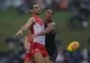 SYDNEY, AUSTRALIA - FEBRUARY 26: Brodie Grundy of the Swans and Nicholas Madden of the Giants compete for the ball during the AFL Community Series pre-season match between Sydney Swans and Greater Western Sydney Giants at Henson Park on February 26, 2026 in Sydney, Australia. (Photo by Jason McCawley/Getty Images)