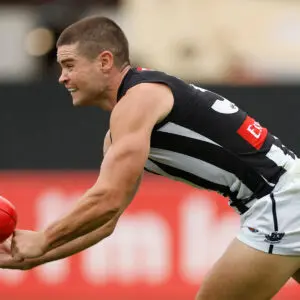 BALLARAT, AUSTRALIA - FEBRUARY 29: Lachlan Sullivan of the Magpies handpasses the ball during the 2026 AFL AAMI Community Series match between the North Melbourne Kangaroos and the Collingwood Magpies at Mars Stadium on February 29, 2026 in Ballarat, Australia. (Photo by Michael Willson/AFL Photos via Getty Images)