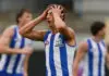 North Melbourne superstar OUT with facial injury BALLARAT, AUSTRALIA - FEBRUARY 29: Harry Sheezel of the Kangaroos rues a missed shot on goal during the 2026 AFL AAMI Community Series match between the North Melbourne Kangaroos and the Collingwood Magpies at Mars Stadium on February 29, 2026 in Ballarat, Australia. (Photo by Michael Willson/AFL Photos via Getty Images)