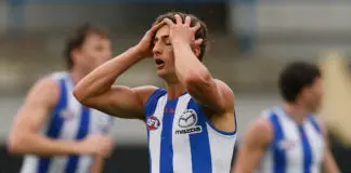 North Melbourne superstar OUT with facial injury BALLARAT, AUSTRALIA - FEBRUARY 29: Harry Sheezel of the Kangaroos rues a missed shot on goal during the 2026 AFL AAMI Community Series match between the North Melbourne Kangaroos and the Collingwood Magpies at Mars Stadium on February 29, 2026 in Ballarat, Australia. (Photo by Michael Willson/AFL Photos via Getty Images)