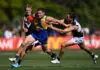 West Coast recruit unavailable for Round 1 following suspension PERTH, AUSTRALIA - FEBRUARY 29: Harry Schoenberg of the Eagles fends off during the 2026 AFL AAMI Community Series match between the West Coast Eagles and the Port Adelaide Power at Mineral Resources Park on February 29, 2026 in Perth, Australia. (Photo by Daniel Carson/AFL Photos via Getty Images)