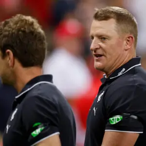 SYDNEY, AUSTRALIA - MARCH 5: Michael Voss, Senior Coach of the Blues looks on during the 2026 AFL Opening Round match between the Sydney Swans and the Carlton Blues at the Sydney Cricket Ground on March 5, 2026 in Sydney, Australia. (Photo by Michael Willson/AFL Photos via Getty Images)
