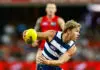 GOLD COAST, AUSTRALIA - MARCH 6: Tanner Bruhn of the Cats in action during the 2026 AFL Opening Round match between the Gold Coast Suns and the Geelong Cats at People First Stadium on March 6, 2026 in the Gold Coast, Australia. (Photo by Russell Freeman/AFL Photos via Getty Images)