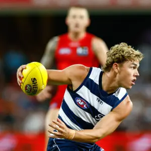 GOLD COAST, AUSTRALIA - MARCH 6: Tanner Bruhn of the Cats in action during the 2026 AFL Opening Round match between the Gold Coast Suns and the Geelong Cats at People First Stadium on March 6, 2026 in the Gold Coast, Australia. (Photo by Russell Freeman/AFL Photos via Getty Images)