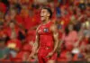 GOLD COAST, AUSTRALIA - MARCH 6: Leonardo Lombard of the Suns celebrates a goal during the 2026 AFL Opening Round match between the Gold Coast Suns and the Geelong Cats at People First Stadium on March 6, 2026 in the Gold Coast, Australia. (Photo by James Wiltshire/AFL Photos via Getty Images)