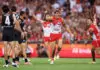SYDNEY, AUSTRALIA - MARCH 05:  Charlie Curnow of the Swans celebrates kicking his second goal during the opening round AFL match between Sydney Swans and Carlton Blues at SCG, on March 05, 2026, in Sydney, Australia. (Photo by Matt King/AFL Photos/via Getty Images)