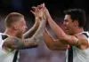 MELBOURNE, AUSTRALIA - MARCH 08: Jordan De Goey of the Magpies celebrates with Scott Pendlebury of the Magpies after kicking a goal during the AFL Opening Round match between St Kilda Saints and Collingwood Magpies at Melbourne Cricket Ground, on March 08, 2026, in Melbourne, Australia. (Photo by Daniel Pockett/Getty Images)