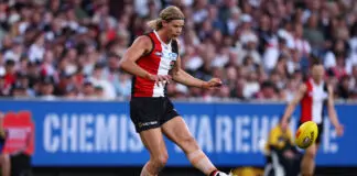 FINAL TEAMS: St Kilda vs Brisbane – Round 3, 2026 MELBOURNE, AUSTRALIA - MARCH 08: Tom De Koning of the Saints kicks the ball during the AFL Opening Round match between St Kilda Saints and Collingwood Magpies at Melbourne Cricket Ground, on March 08, 2026, in Melbourne, Australia. (Photo by Daniel Pockett/Getty Images)