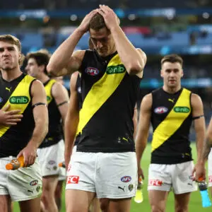 MELBOURNE, AUSTRALIA - MARCH 12: Ben Miller of the Tigers walking off during the 2026 AFL Round 01 match between the Carlton Blues and the Richmond Tigers at the Melbourne Cricket Ground on March 12, 2026 in Melbourne, Australia. (Photo by James Wiltshire/AFL Photos via Getty Images)