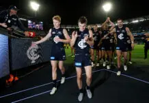 MELBOURNE, AUSTRALIA - MARCH 12: Harry Dean (left) and Jagga Smith of the Blues celebrate during the 2026 AFL Round 01 match between the Carlton Blues and the Richmond Tigers at the Melbourne Cricket Ground on March 12, 2026 in Melbourne, Australia. (Photo by Michael Willson/AFL Photos via Getty Images)