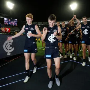 MELBOURNE, AUSTRALIA - MARCH 12: Harry Dean (left) and Jagga Smith of the Blues celebrate during the 2026 AFL Round 01 match between the Carlton Blues and the Richmond Tigers at the Melbourne Cricket Ground on March 12, 2026 in Melbourne, Australia. (Photo by Michael Willson/AFL Photos via Getty Images)