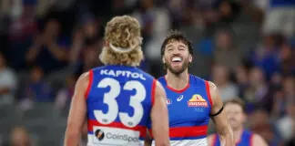 Beveridge’s Bulldogs are barking early in 2026 MELBOURNE, AUSTRALIA - MARCH 14: Aaron Naughton (left) and Marcus Bontempelli of the Bulldogs celebrate during the 2026 AFL Round 01 match between the Western Bulldogs and the GWS Giants at Marvel Stadium on March 14, 2026 in Melbourne, Australia. (Photo by Michael Willson/AFL Photos via Getty Images)