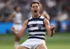 GEELONG, AUSTRALIA - MARCH 14: Shannon Neale of the Cats celebrates a goal during the 2026 AFL Round 01 match between the Geelong Cats and the Fremantle Dockers at GMHBA Stadium on March 14, 2026 in Geelong, Australia. (Photo by James Wiltshire/AFL Photos via Getty Images)