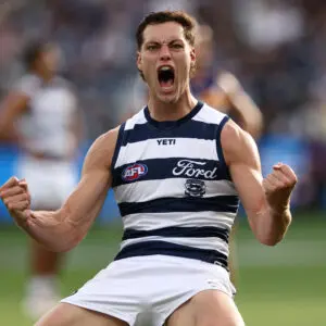 GEELONG, AUSTRALIA - MARCH 14: Shannon Neale of the Cats celebrates a goal during the 2026 AFL Round 01 match between the Geelong Cats and the Fremantle Dockers at GMHBA Stadium on March 14, 2026 in Geelong, Australia. (Photo by James Wiltshire/AFL Photos via Getty Images)