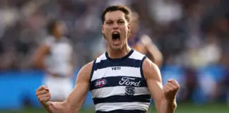FINAL TEAMS: Geelong vs West Coast – Round 5, 2026 GEELONG, AUSTRALIA - MARCH 14: Shannon Neale of the Cats celebrates a goal during the 2026 AFL Round 01 match between the Geelong Cats and the Fremantle Dockers at GMHBA Stadium on March 14, 2026 in Geelong, Australia. (Photo by James Wiltshire/AFL Photos via Getty Images)