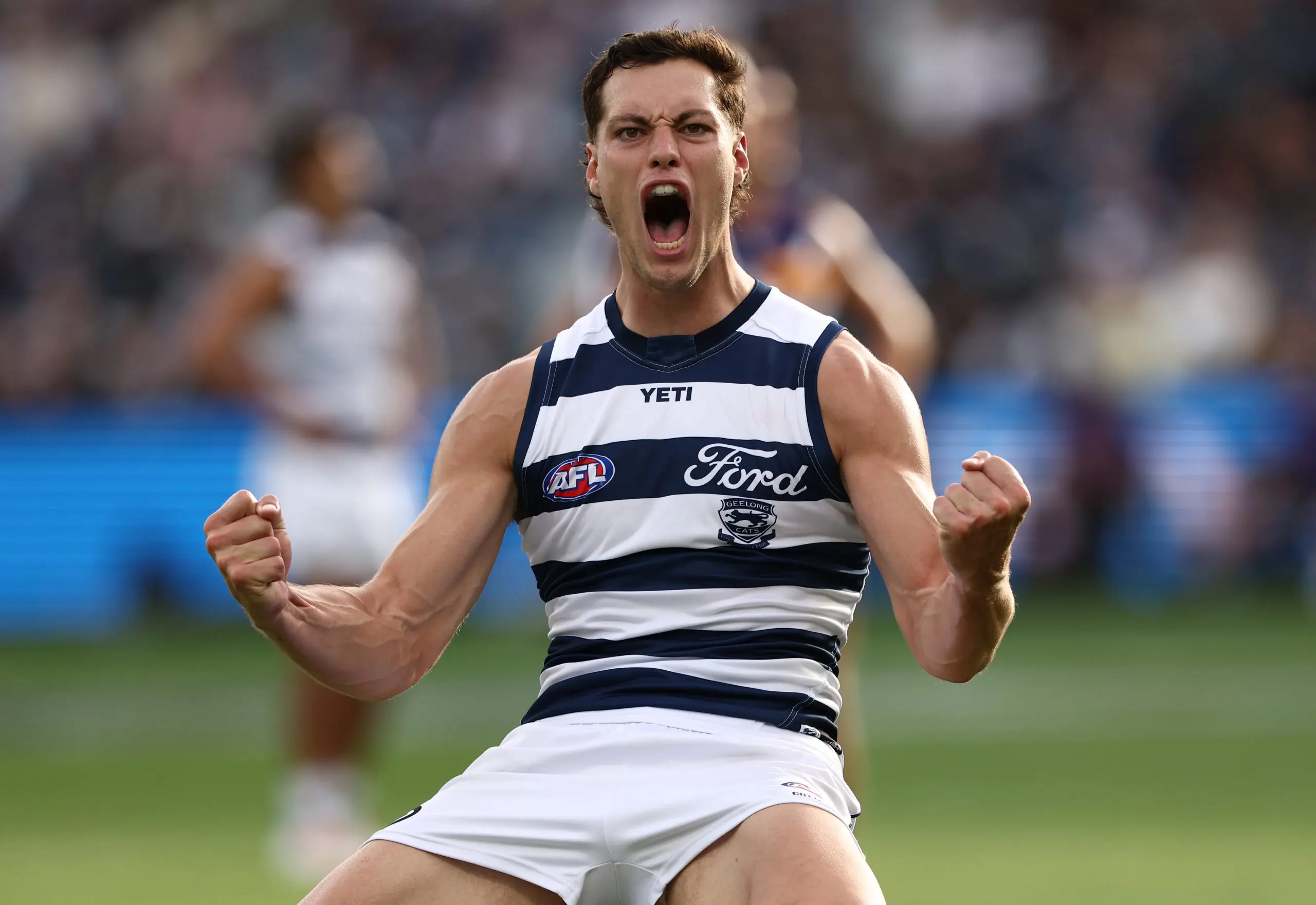 GEELONG, AUSTRALIA - MARCH 14: Shannon Neale of the Cats celebrates a goal during the 2026 AFL Round 01 match between the Geelong Cats and the Fremantle Dockers at GMHBA Stadium on March 14, 2026 in Geelong, Australia. (Photo by James Wiltshire/AFL Photos via Getty Images)