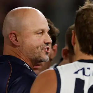 MELBOURNE, AUSTRALIA - MARCH 14: Matthew Nicks, Senior Coach of the Crows addresses players during the 2026 AFL Round 01 match between the Collingwood Magpies and the Adelaide Crows at the Melbourne Cricket Ground on March 14, 2026 in Melbourne, Australia. (Photo by Michael Willson/AFL Photos via Getty Images)