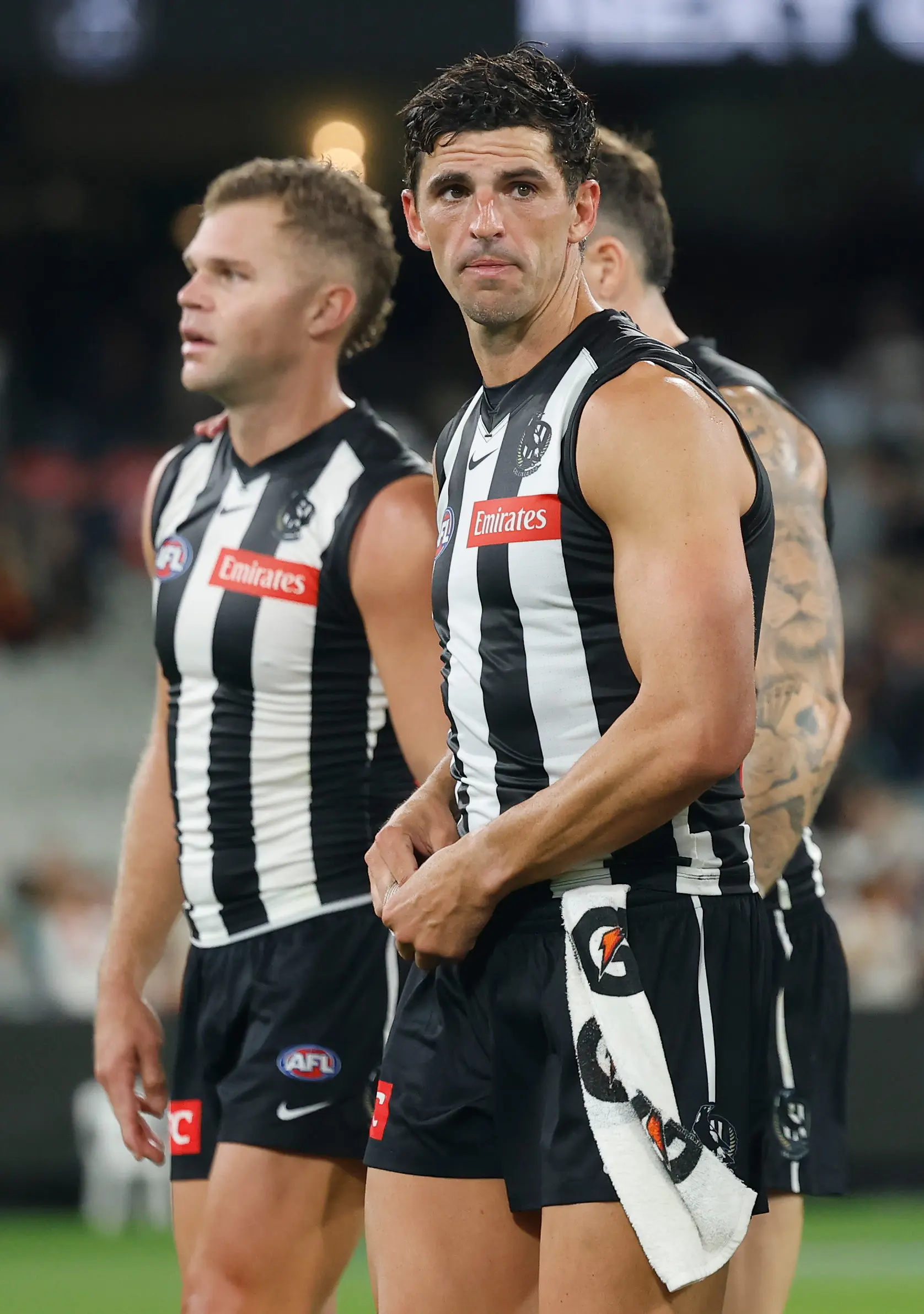 MELBOURNE, AUSTRALIA - MARCH 14: Scott Pendlebury of the Magpies looks dejected after a loss during the 2026 AFL Round 01 match between the Collingwood Magpies and the Adelaide Crows at the Melbourne Cricket Ground on March 14, 2026 in Melbourne, Australia. (Photo by Michael Willson/AFL Photos via Getty Images)