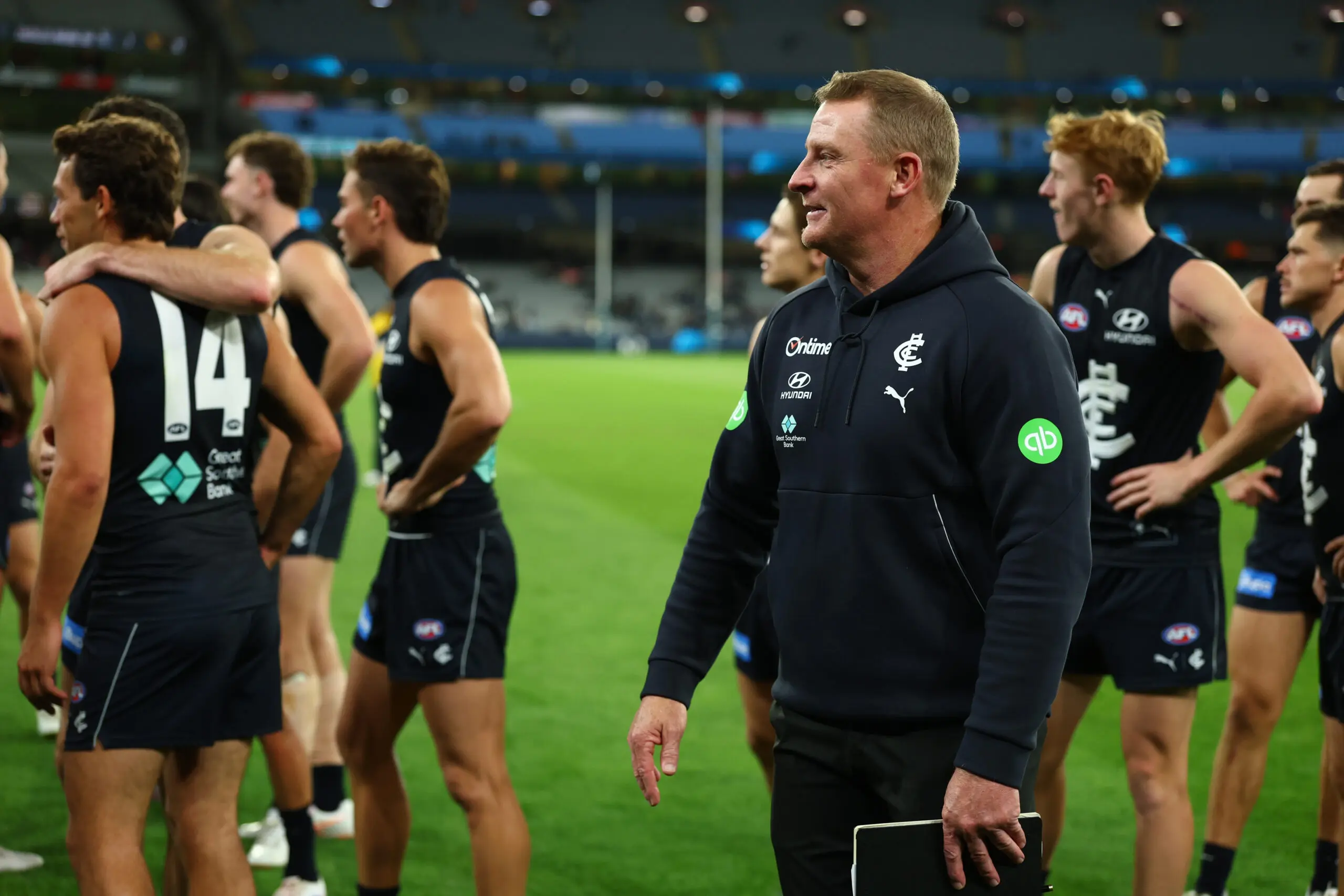 MELBOURNE, AUSTRALIA - MARCH 12: Michael Voss, Senior Coach of the Blues looks on after the Blues defeated the Tigers during the round one AFL match between the Carlton Blues and the Richmond Tigers at the Melbourne Cricket Ground, on March 12, 2026, in Melbourne, Australia. (Photo by Robert Cianflone/Getty Images)