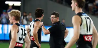 Port Adelaide reveals captain amid Rozee absence MELBOURNE, AUSTRALIA - MARCH 15: Josh Carr, Senior Coach of the Power and Connor Rozee speak after the 2026 AFL Round 01 match between the North Melbourne Kangaroos and the Port Adelaide Power at Marvel Stadium on March 15, 2026 in Melbourne, Australia. (Photo by Michael Willson/AFL Photos via Getty Images)