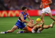 Marvel thumping Vol II: Kingsley’s Giants smashed in sequel against Dogs MELBOURNE, AUSTRALIA - MARCH 14: Tom Liberatore of the Bulldogs (L) tackles Toby Greene of the Giants during the round one AFL match between Western Bulldogs and Greater Western Sydney Giants at Marvel Stadium on March 14, 2026 in Melbourne, Australia. (Photo by Graham Denholm/Getty Images)