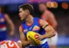 MELBOURNE, AUSTRALIA - MARCH 14: Connor Budarick of the Bulldogs in action during the round one AFL match between Western Bulldogs and Greater Western Sydney Giants at Marvel Stadium on March 14, 2026 in Melbourne, Australia. (Photo by Graham Denholm/Getty Images)