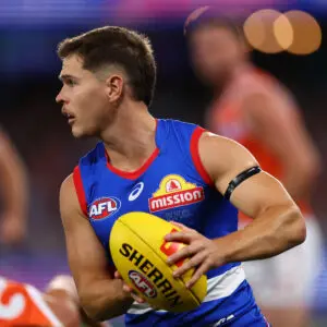 MELBOURNE, AUSTRALIA - MARCH 14: Connor Budarick of the Bulldogs in action during the round one AFL match between Western Bulldogs and Greater Western Sydney Giants at Marvel Stadium on March 14, 2026 in Melbourne, Australia. (Photo by Graham Denholm/Getty Images)