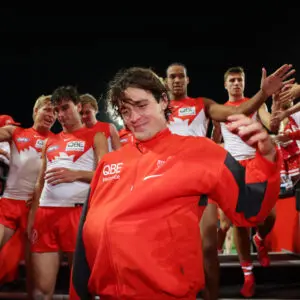 SYDNEY, AUSTRALIA - MARCH 14: Errol Gulden of the Swans walks down the race during the round one AFL match between Sydney Swans and Brisbane Lions at Sydney Cricket Ground, on March 14, 2026, in Sydney, Australia. (Photo by Mark Metcalfe/Getty Images)