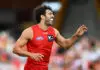 GOLD COAST, AUSTRALIA - MARCH 15: Christian Petracca of the Suns celebrates kicking a goal during the round one AFL match between Gold Coast Suns and West Coast Eagles at People First Stadium, on March 15, 2026, in Gold Coast, Australia. (Photo by Matt Roberts/AFL Photos/via Getty Images)