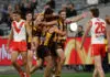 MELBOURNE, AUSTRALIA - MARCH 19: Jack Gunston of the Hawks celebrates a goal during the 2026 AFL Round 02 match between the Hawthorn Hawks and the Sydney Swans at the Melbourne Cricket Ground on March 19, 2026 in Melbourne, Australia. (Photo by James Wiltshire/AFL Photos via Getty Images)
