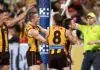 MELBOURNE, AUSTRALIA - MARCH 19: Nick Watson of the Hawks celebrates a goal to the Sydney cheer squad during the 2026 AFL Round 02 match between the Hawthorn Hawks and the Sydney Swans at the Melbourne Cricket Ground on March 19, 2026 in Melbourne, Australia. (Photo by James Wiltshire/AFL Photos via Getty Images)