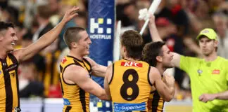 AFL hand down punishment to bottle-throwing fan MELBOURNE, AUSTRALIA - MARCH 19: Nick Watson of the Hawks celebrates a goal to the Sydney cheer squad during the 2026 AFL Round 02 match between the Hawthorn Hawks and the Sydney Swans at the Melbourne Cricket Ground on March 19, 2026 in Melbourne, Australia. (Photo by James Wiltshire/AFL Photos via Getty Images)