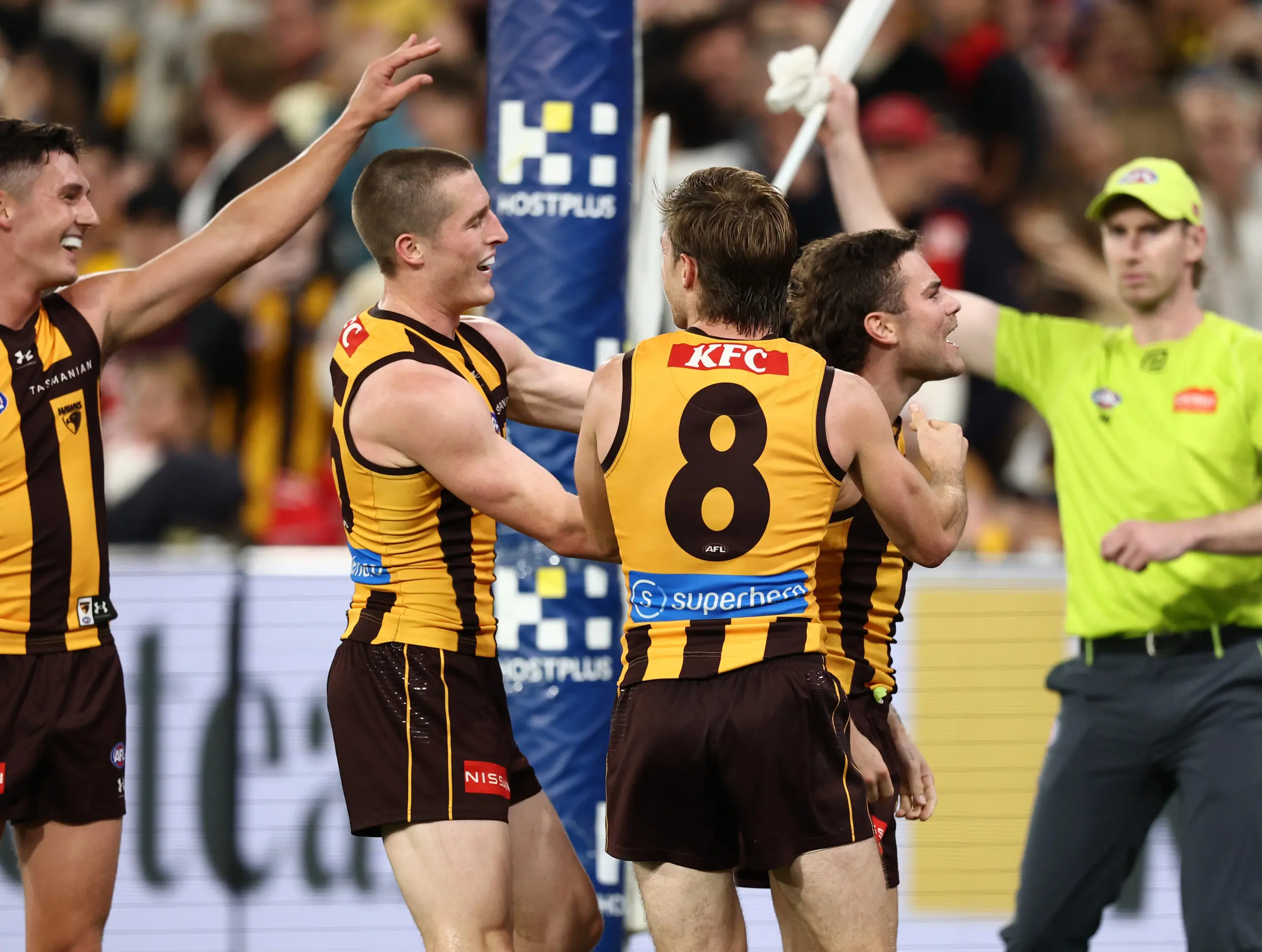 MELBOURNE, AUSTRALIA - MARCH 19: Nick Watson of the Hawks celebrates a goal to the Sydney cheer squad during the 2026 AFL Round 02 match between the Hawthorn Hawks and the Sydney Swans at the Melbourne Cricket Ground on March 19, 2026 in Melbourne, Australia. (Photo by James Wiltshire/AFL Photos via Getty Images)
