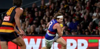 Dog delight: Beveridge praises key talls after Adelaide stunner ADELAIDE, AUSTRALIA - MARCH 20: Oskar Baker of the Bulldogs runs on to kick a goal during the 2026 AFL Round 02 match between the Adelaide Crows and the Western Bulldogs at Adelaide Oval on March 20, 2026 in Adelaide, Australia. (Photo by James Elsby/AFL Photos via Getty Images)