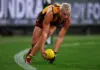 AFL legend calls for Ginnivan ban MELBOURNE, AUSTRALIA - MARCH 19: Jack Ginnivan of the Hawks gathers the ball during the round two AFL match between Hawthorn Hawks and Sydney Swans at Melbourne Cricket Ground, on March 19, 2026, in Melbourne, Australia. (Photo by Daniel Pockett/Getty Images)