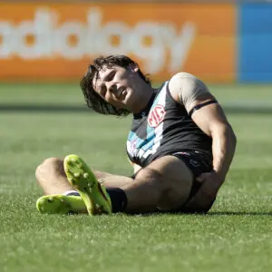 ADELAIDE, AUSTRALIA - MARCH 22: Connor Rozee of the Power is injured during the 2026 AFL Round 02 match between the Port Adelaide Power and the Essendon Bombers at Adelaide Oval on March 22, 2026 in Adelaide, Australia. (Photo by James Elsby/AFL Photos via Getty Images)