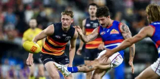 Bulldog the latest victim amid surge in hamstring injuries ADELAIDE, AUSTRALIA - MARCH 20: Tom Liberatore of the Bulldogs kicks for goal during the round two AFL match between Adelaide Crows and Western Bulldogs at Adelaide Oval, on March 20, 2026, in Adelaide, Australia. (Photo by Mark Brake/Getty Images)