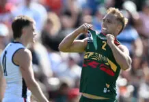 Dream debut for Tasmania Devils’ VFL side HOBART, AUSTRALIA - MARCH 21: Jed Hagan of the Devils celebrates a goal during the round one VFL match between Tasmania Devils and Coburg Lions at North Hobart Oval on March 21, 2026 in Hobart, Australia. (Photo by Steve Bell/Getty Images)