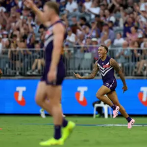 PERTH, AUSTRALIA - MARCH 21: Shai Bolton of the Dockers celebrates a goal during the round two AFL match between Fremantle Dockers and Melbourne Demons at Optus Stadium, on March 21, 2026, in Perth, Australia. (Photo by Janelle St Pierre/AFL Photos/via Getty Images)