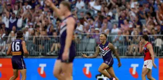FINAL TEAMS: Fremantle vs Richmond – Round 3, 2026 PERTH, AUSTRALIA - MARCH 21: Shai Bolton of the Dockers celebrates a goal during the round two AFL match between Fremantle Dockers and Melbourne Demons at Optus Stadium, on March 21, 2026, in Perth, Australia. (Photo by Janelle St Pierre/AFL Photos/via Getty Images)