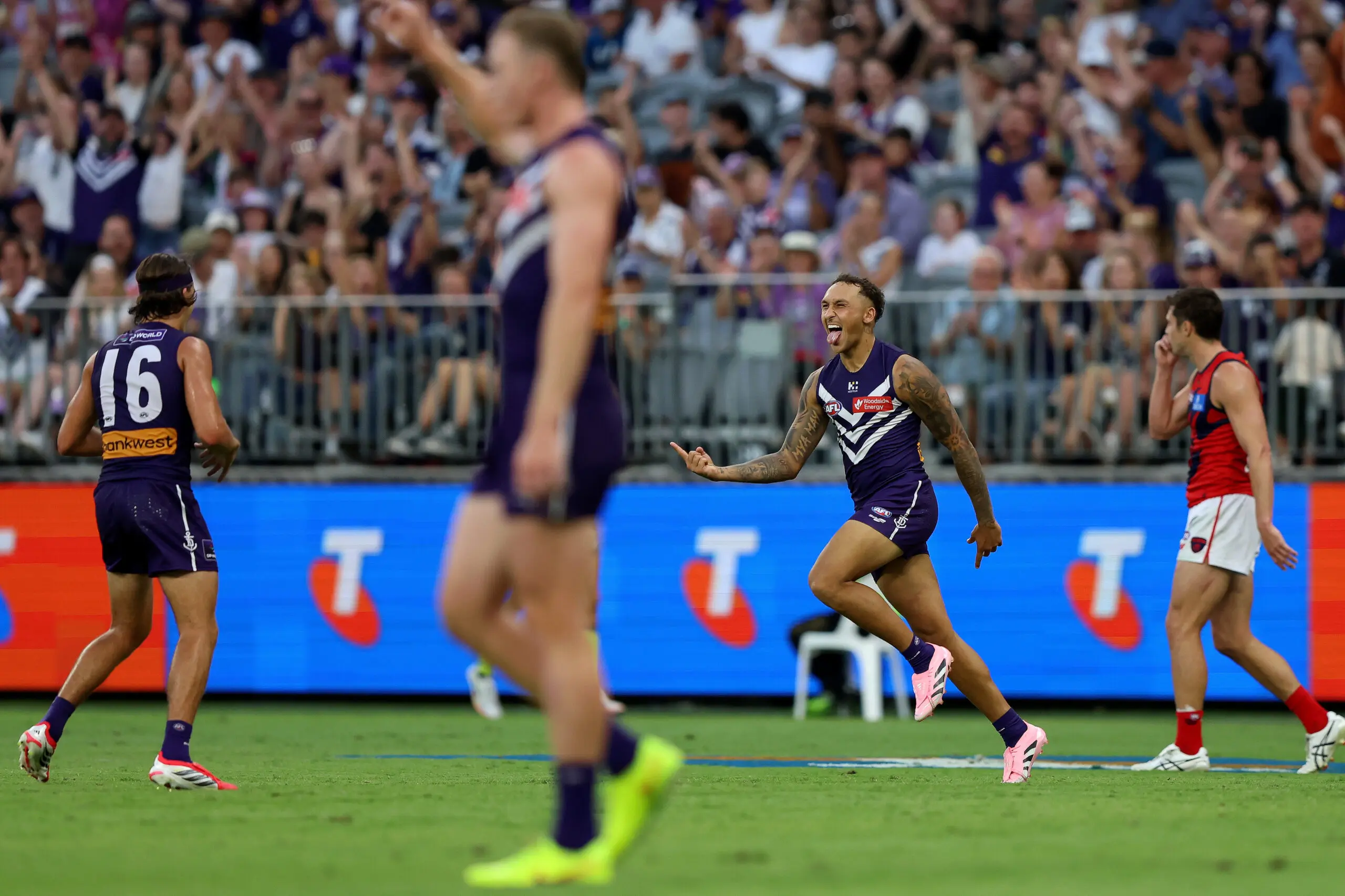 PERTH, AUSTRALIA - MARCH 21: Shai Bolton of the Dockers celebrates a goal during the round two AFL match between Fremantle Dockers and Melbourne Demons at Optus Stadium, on March 21, 2026, in Perth, Australia. (Photo by Janelle St Pierre/AFL Photos/via Getty Images)